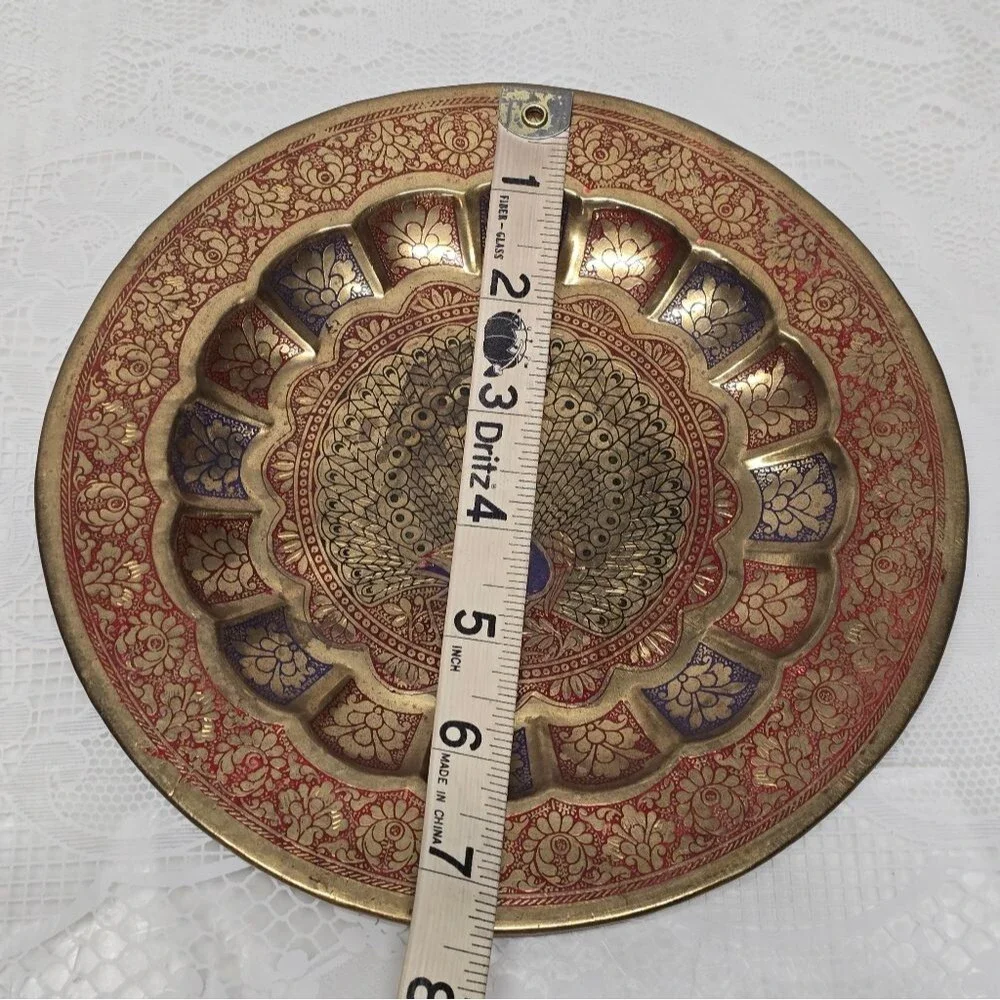 Vintage Engraved Peacock Brass Red Blue Enamel Wall Hanging Traditional Plate